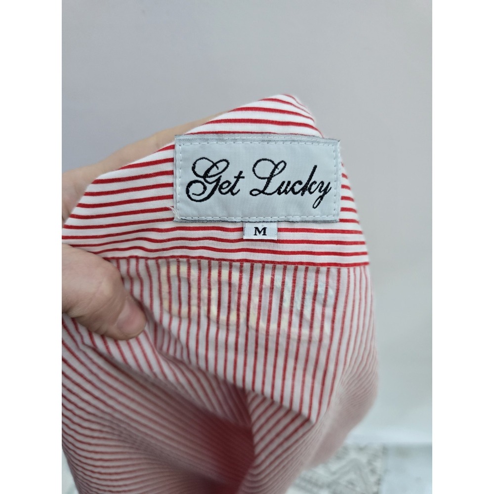 Y2K Get Lucky Patriotic American Flag Patches Button up Shirt Medium Red Stripes - Picture 6 of 6